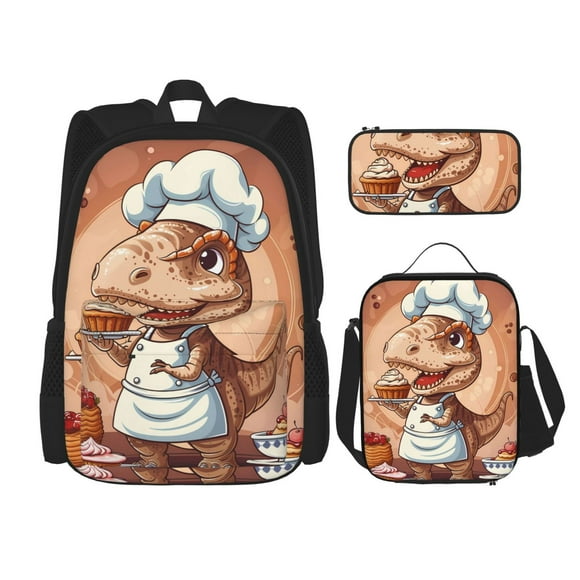 Easygdp Dinosaur Baking Delight Mochila para Niños y Niñas con Set de Caja de Almuerzo y Estuche para Lápices 3 en 1, Mochila Escolar Estampada para Adolescentes