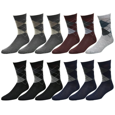 Soft Cotton Argyle Socks - 12-Pack Argyle Design Men Dress Socks Size 10-13