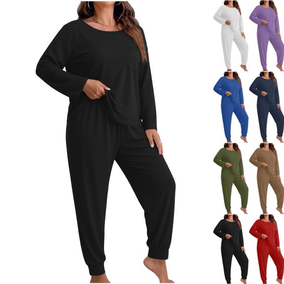 Women Oversize 2 Piece Loungewear Sevevn Set Long Sleeve Pocket Top Jogger Pants Soft Casual Sleep Outfit Multiple Solid Shades