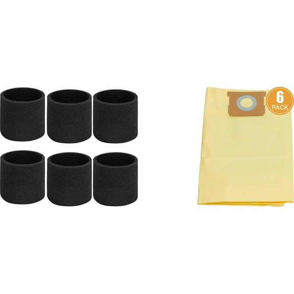 Replacement for 5-6 Gallon High Efficiency Dust Bag, 6 Pack，VHBS and 6 Pack Foam Filter for Wet Pick-up(VFF51 3701),Fits Vacmaster 5-6 Gallon Wet/Dry Vacuum Cleaners(6 Dust Bags 6 Foam Filters)