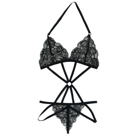 

Women s Bandage Halter Lace Romper Elastic Top Panties Set Hollow Out Cage Bra Holographic Bodysuit