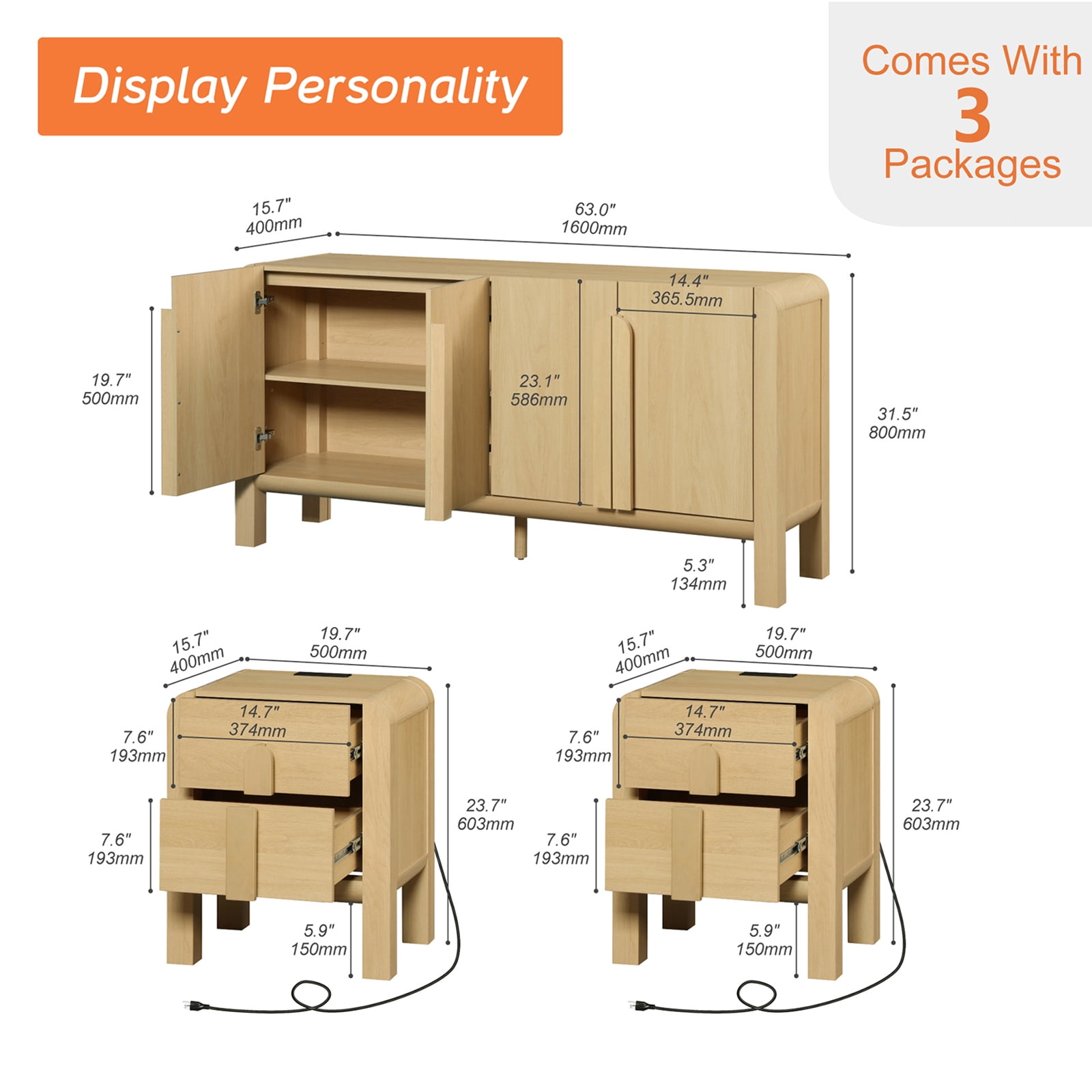 Mid Century Dresser and Nightstand Sets for Bedroom, 3 Pcs Bedroom Set，Night Stand Set of 2, Modern Dresser with Curved Profile Design, Wooden Chest of Drawers Storage Cabinet Set
