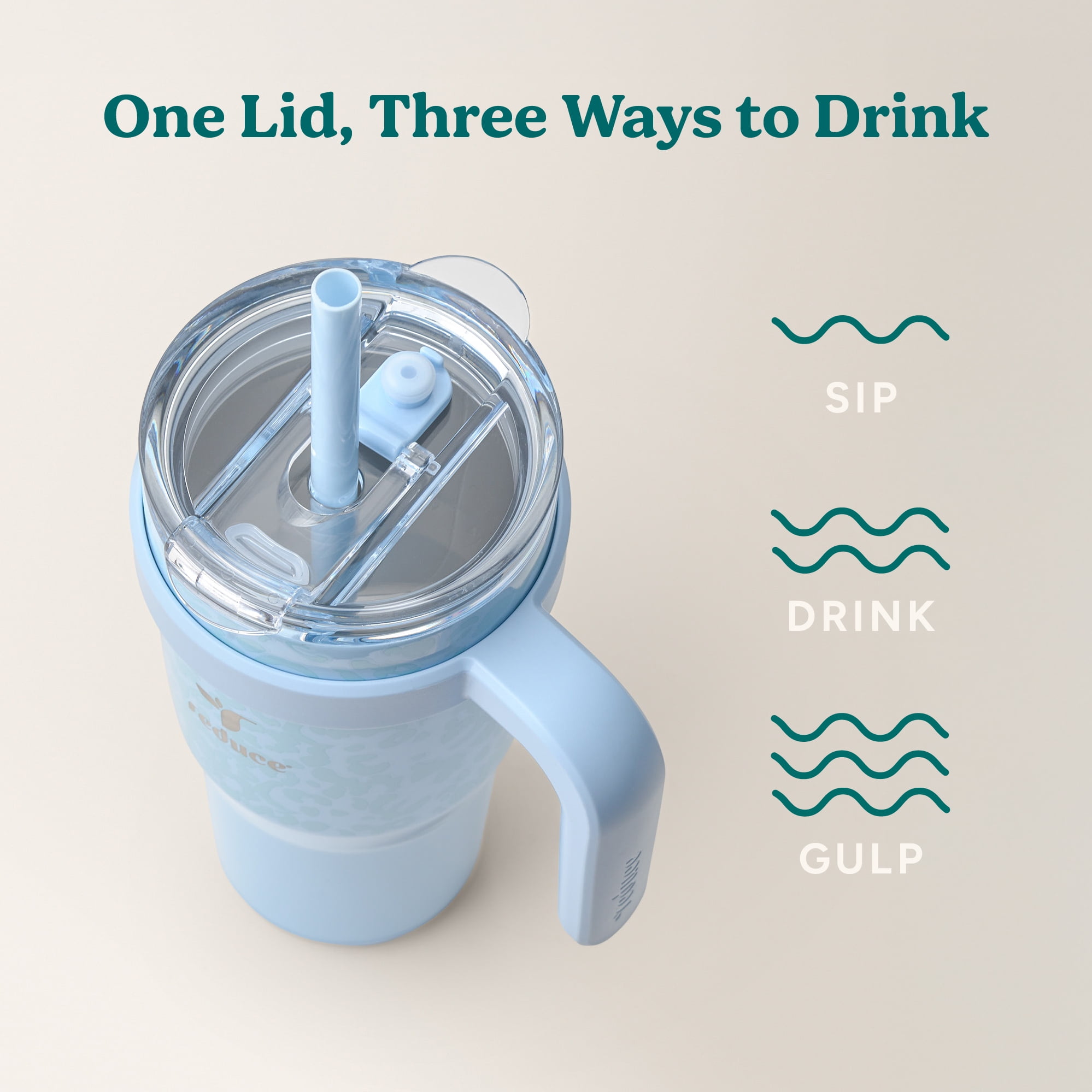 Reduce 24oz Cold1 Travel Mug with Straw, Lid & Handle. Insulated Stainless Steel, Ice Blue Cheetah