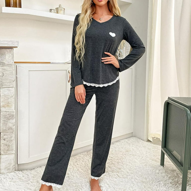 RQYYD Reduced Women's Cute Pajama Set 2 Piece Sweatsuit Sets V Neck Long  Sleeve Pj Pants Set Heart Lace Trim Nightwear Outfits(Gray,L)