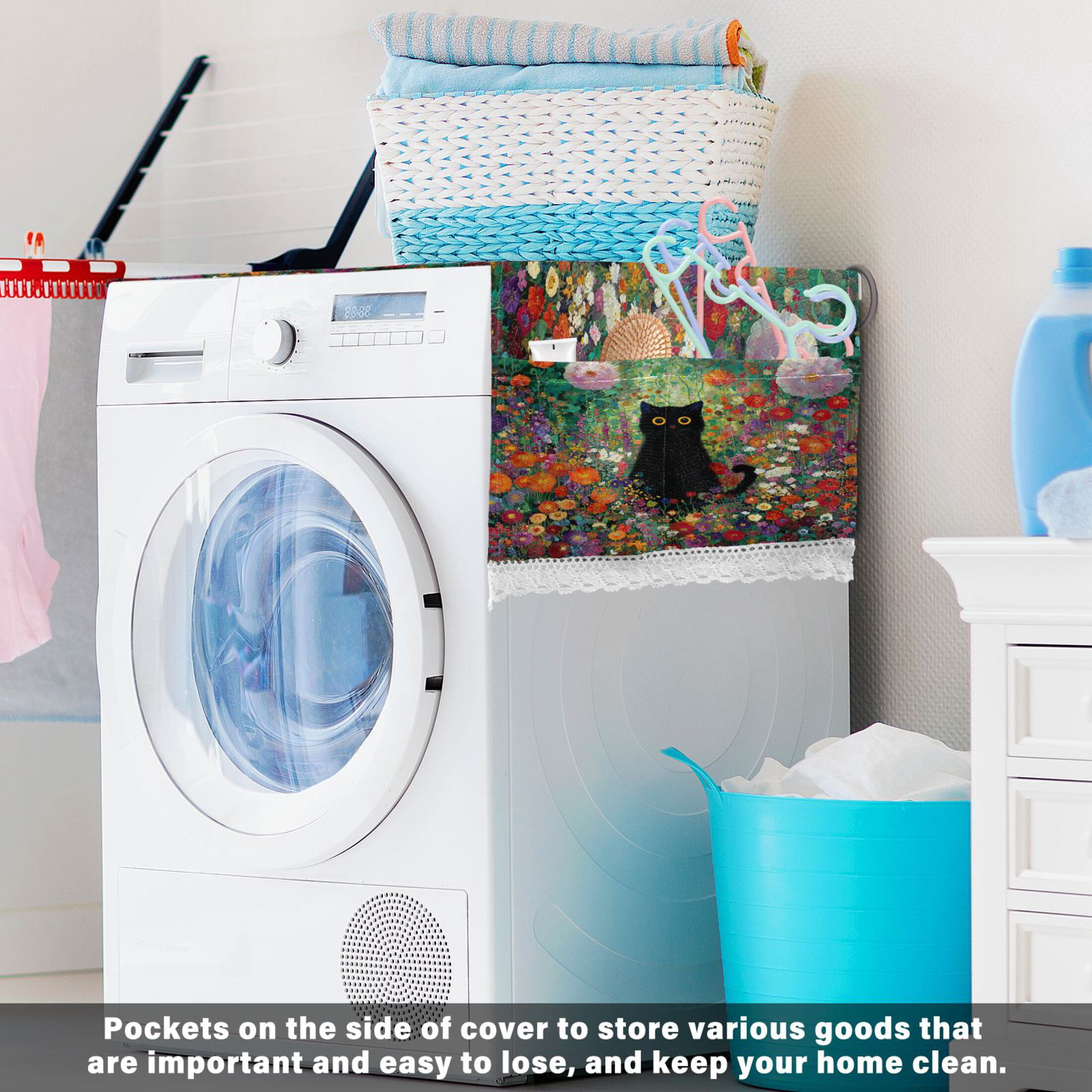 Wobogo Vibrant Floral Black Cat Washing Machine Cover Dustproof Washer Dryer Cover Waterproof Laundry Room Decorative Protector
