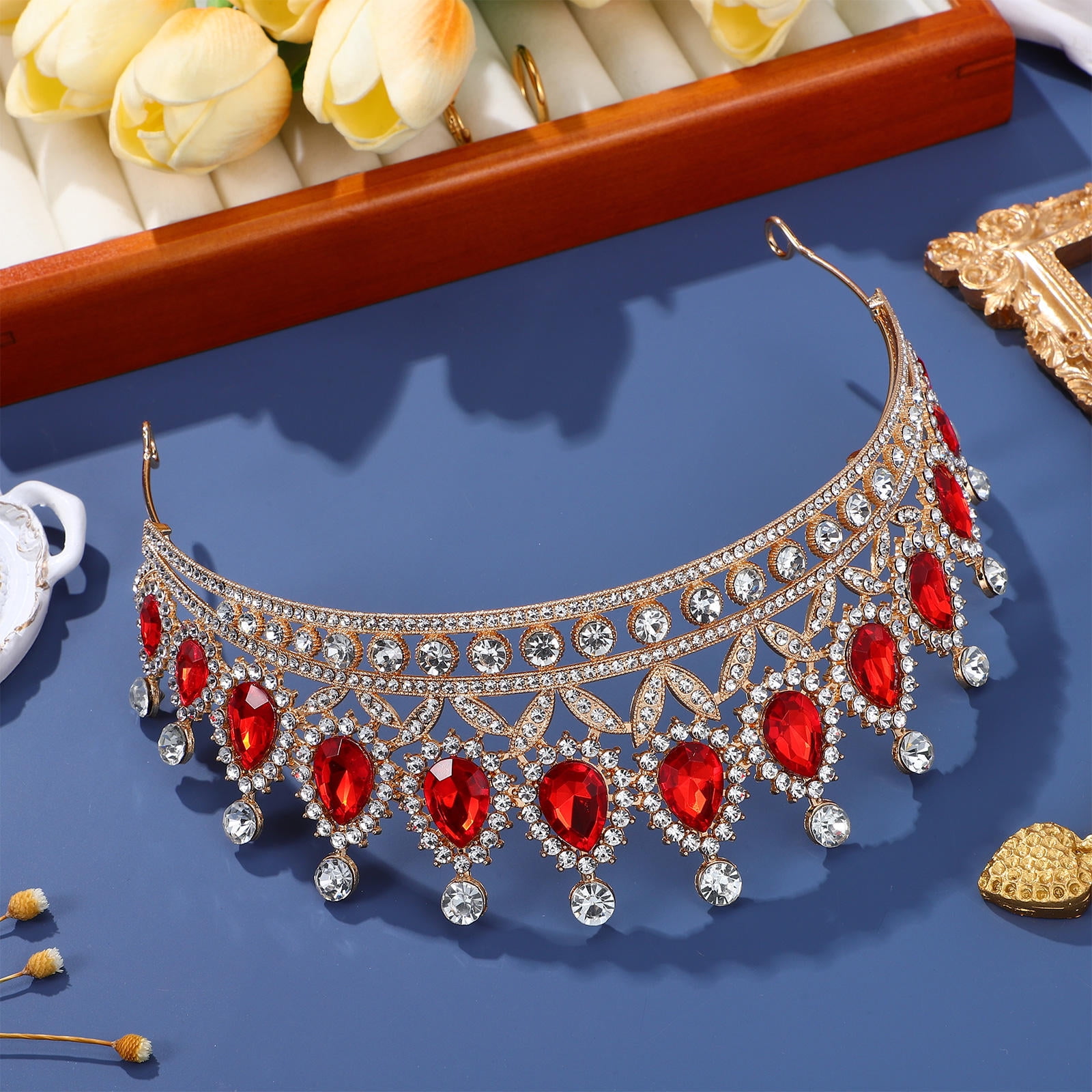 GETAJGHSD Red Bridal Wedding Crown Shaped Tiara Hair Jewelry for Party and Special Events