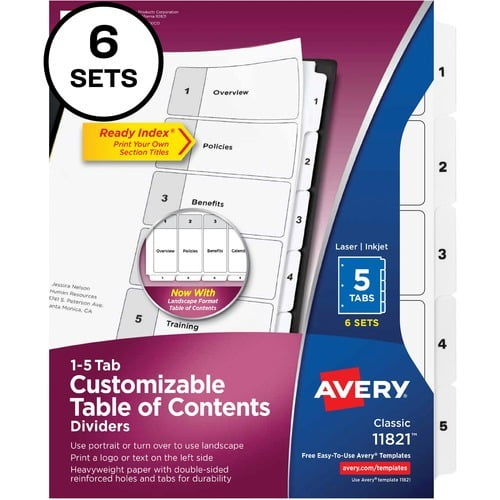 Avery Avery Ready Index 5 Tab Dividers, Customizable TOC, 6 Sets (11821) 5 x Divider(s) - 1-5, Table of Contents - 5 Tab(s)/Set - 8.5' Divider Width x 11' Divider Length - 3 Hole Punched - White