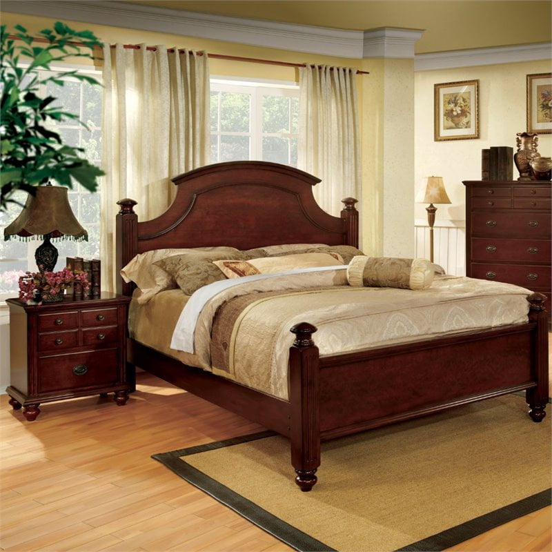 FOA Mills 2pc Cherry Solid Wood Bedroom Set Queen + Nightstand