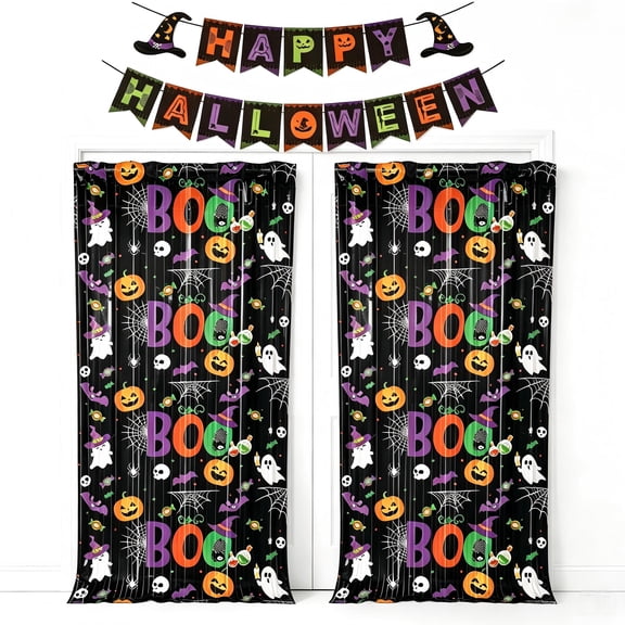 Halloween Party Decorations, 3 Pcs Halloween Party Supplies, 1 Pcs Happy Halloween Banner and 2 Pcs Halloween Foil Fringe Curtains for Indoor Outdoor
