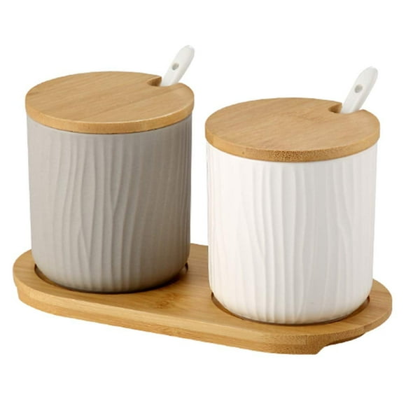 Set of 2 Ceramic Spice Jars Sugar Bowl Ceramic Sugar Bowl with Spoon and Bamboo Lid for Tea Sugar Salt Spices at Home and Kitchen