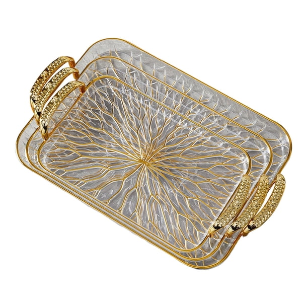 Bandeja de servicio de 3 piezas con asas, bandeja rectangular para servir, mueble de baño claro y dorado