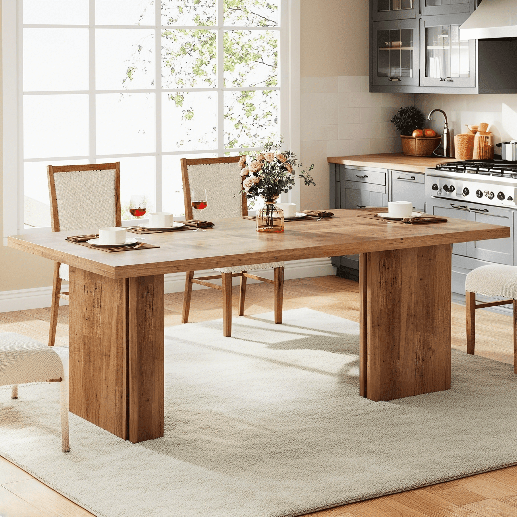 Tribesigns 63" Dining Room Table for 4-6, Wood Rustic Dinner Table for Kitchen, Walnut