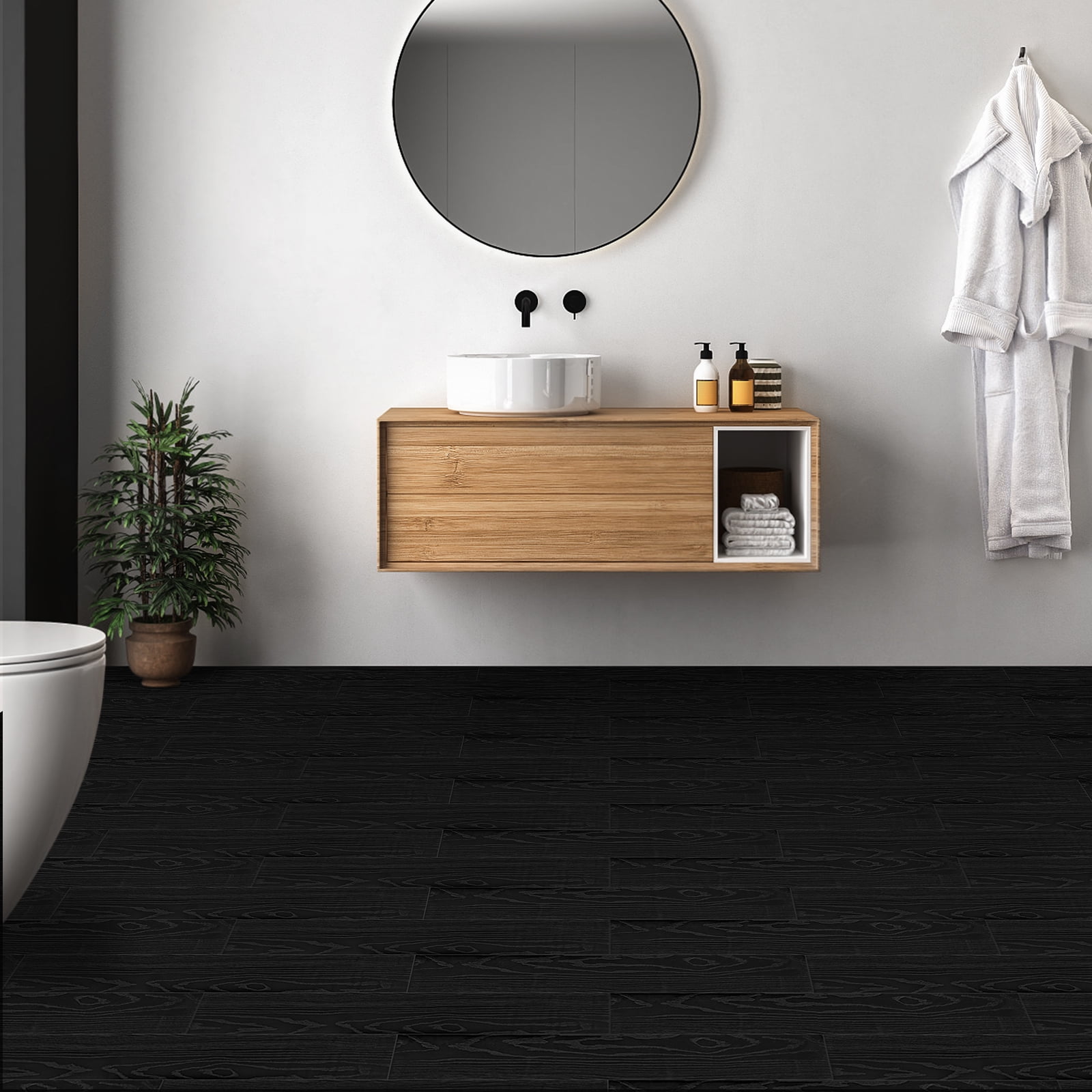 (4 pack) UMIGGEE Black Peel Stick Flooring 35-in x 5.7-in x 1.0mm 10-Pcs Vinyl Flooring Wood Grain Floor Tiles Easy to Install for Bathroom Kitchen Living Room Home Decor