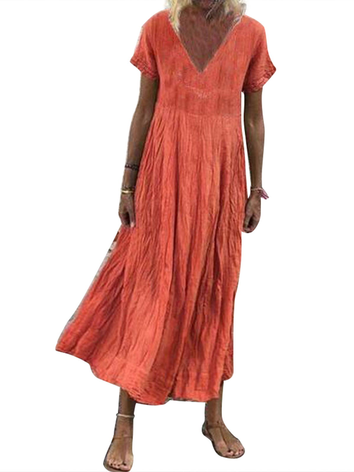 ZANZEA Women Short Sleeve Dress Casual VNeck Long Maxi Dresses