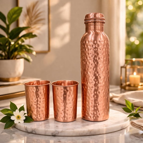 Hammered Pure Copper Water Bottle with Glass Set