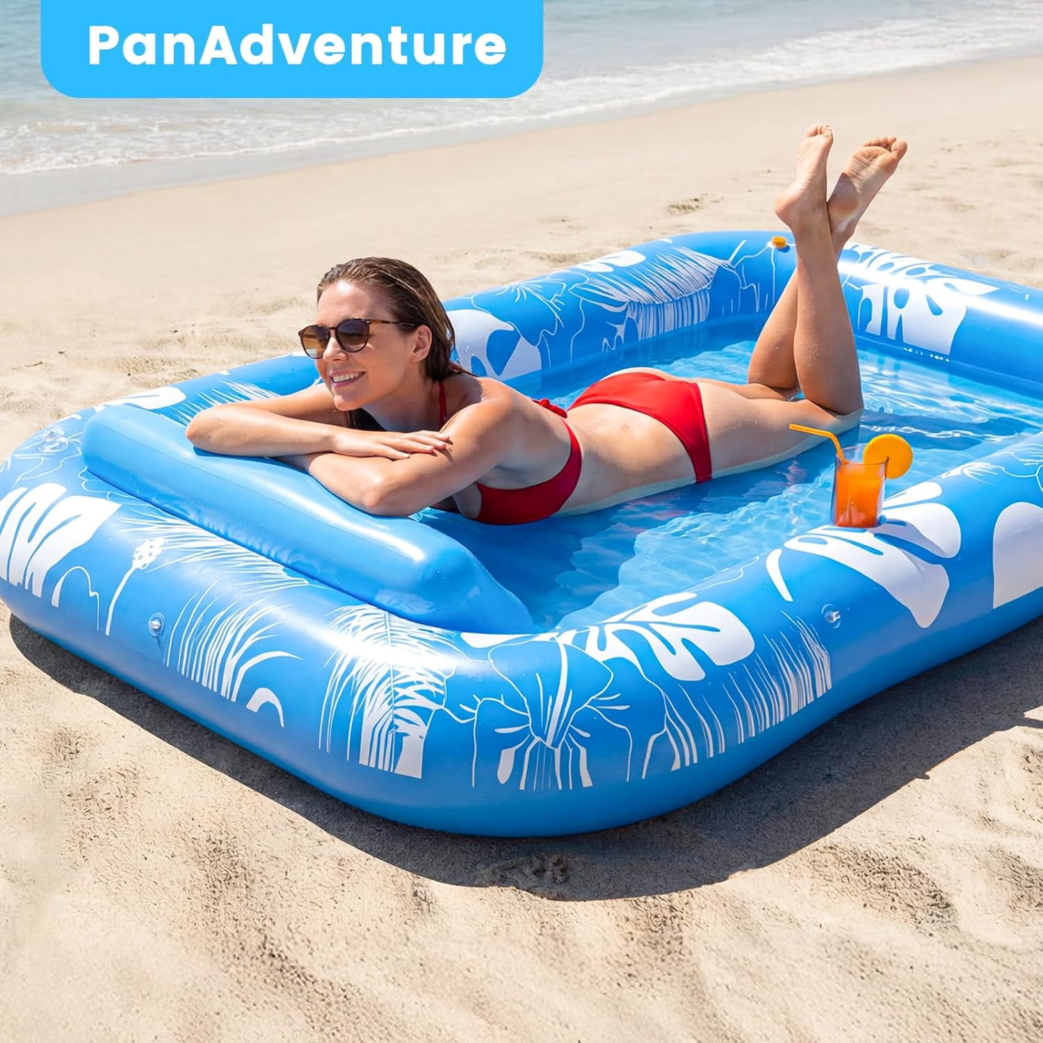 Inflatable Tanning Pool Lounger Float with Sprinkler & Canopy UPF50+, 77" x 48" Extra Large Tanning Pool Float for Adults, Sunbathing Water Lounge Bed with Pillow & Cup Holder for Backyard & Pool