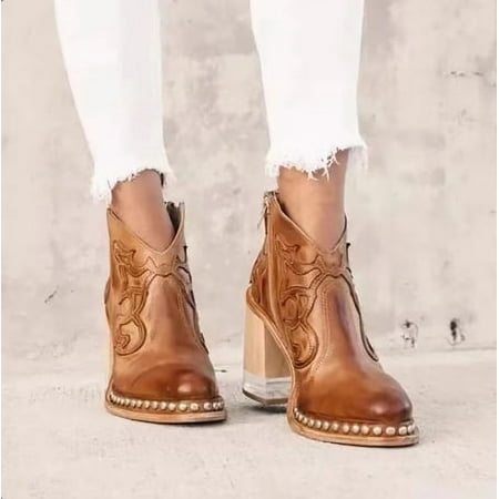 

HOLXI 2024 New Retro Embroidered Fashion Boots Women s Riveted Edge Acrylic Crystal Transparent High Heel Short Ankle Boots for Autumn Winter