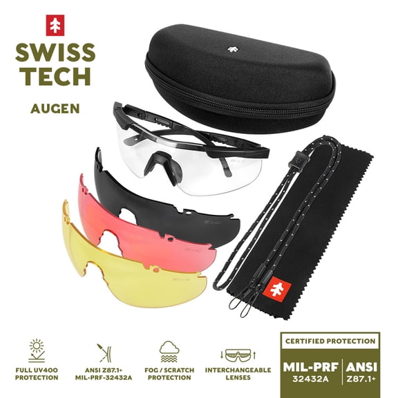 Swiss Tech Augen 4-Lens Premium Sporting Glasses, Anti-Fog, Scratch-Resistant, UV400, Black