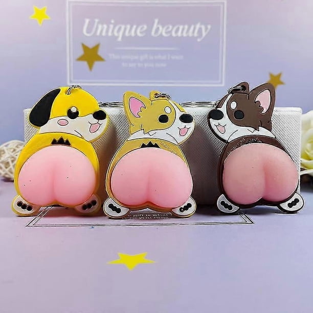 (3 Pieces) Pop Squeeze Butt Keychains Cartoon Stress Relief Gadgets Kawaii Corgi Soft Butt Silicone Ventilation Toys Adult Stress Relief Toys