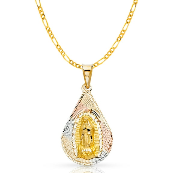 14K Tri Color Gold Diamond Cut Our Lady of Guadalupe Stamp Charm Pendant with 1.9mm Figaro 3 1 Chain Necklace