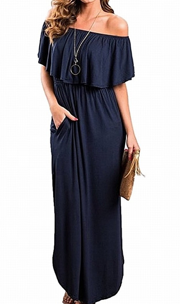 Oyanus Navy Women's Pocketed Slit Hem Maxi Dress XL