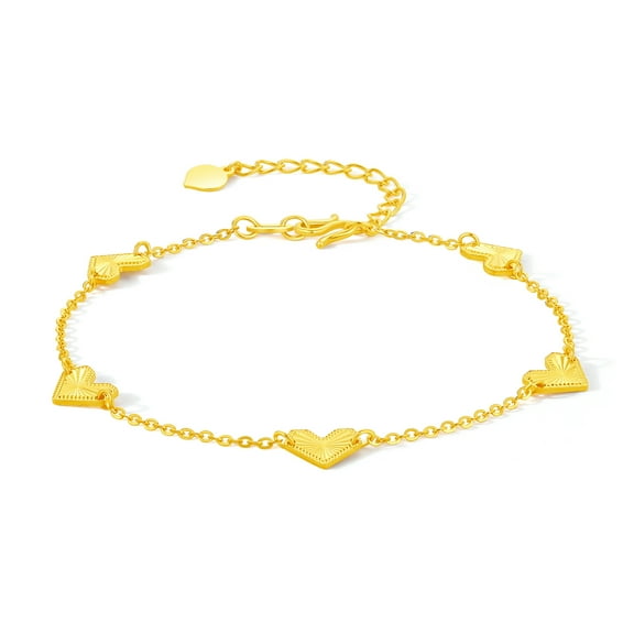 ZHOU LIU FU 24K Gold Chain Bracelet, Five Heart Charms for Women 6.3''-7.5''
