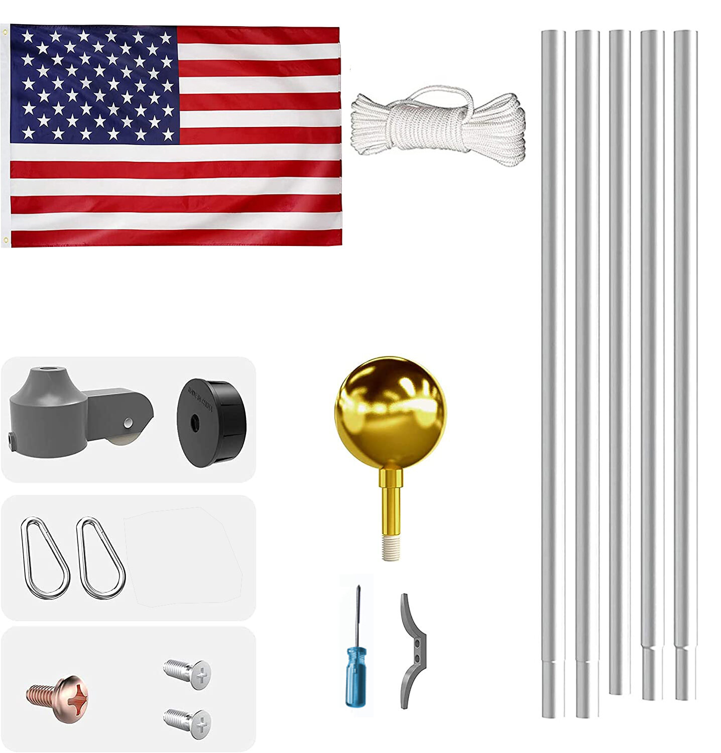 , 20FT Flag Pole, Silver ,Aluminium , 20FT Flag Pole