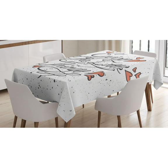 Ambesonne Saying Tablecloth Rectangular Table Cover, Romantic Hearts Slogan, 52"x70", Charcoal Grey and Coral