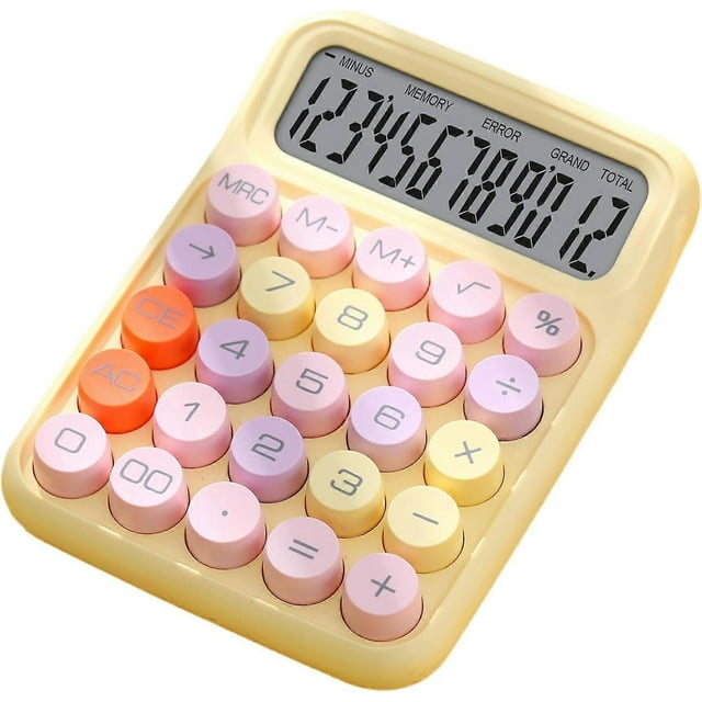 Calculadora básica de escritorio con 4 funciones, doble potencia, botones grandes, pantalla LCD de 12 dígitos, sin batería (amarilla)