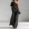 thumbnail image 2 of Women's 2 Piece Outfit One Shoulder Top and High Waist Wide Leg Pants Set, Textured Washed Crinkle Lounge Set, Casual Boho Flowy Matching Set for Summer Black L, 2 of 6