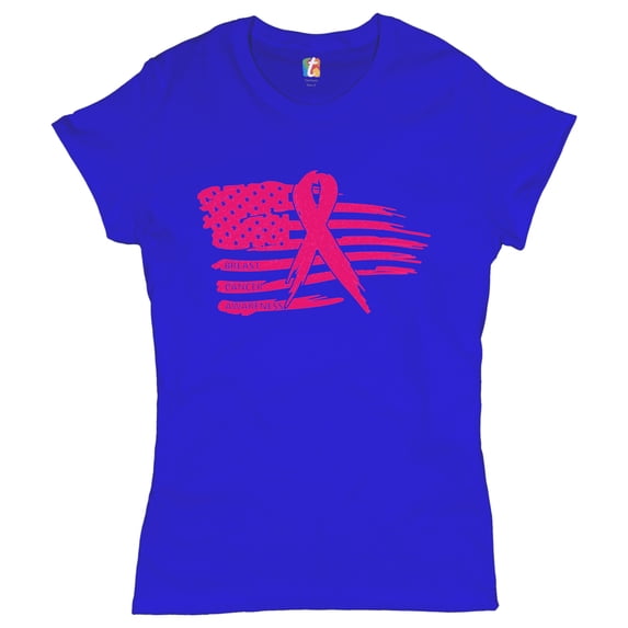 Tee Hunt Pink Ribbon Flag Women's T-Shirt Breast Cancer Awareness Hope Survivor Shirt, Blue, XX-Large