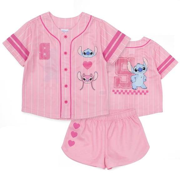 Disney Stitch Girls Baseball Jersey & Shorts Outfit Set, Lilo Stitch Graphic Clothes, 2-Piece (Pink, 5)