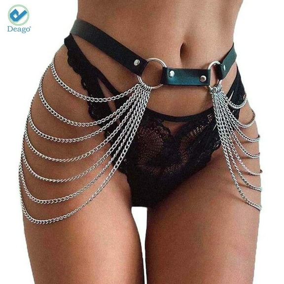 Deago Punk Black Waist Chain Belt Leather Layered Belly Body Chains Rave Body Jewelry Accessories for Women and Girls