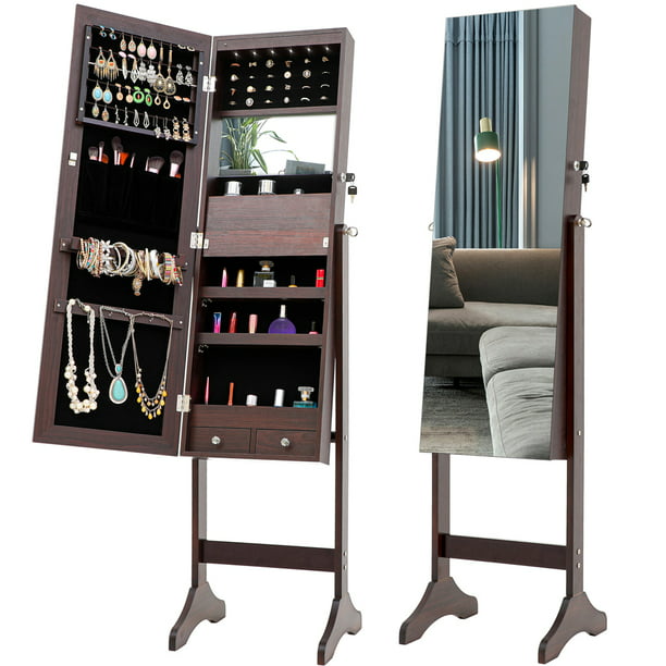 Mirrored Jewelry Cabinet Armoire Yofe, Standing Mirror Jewelry Box With Lights