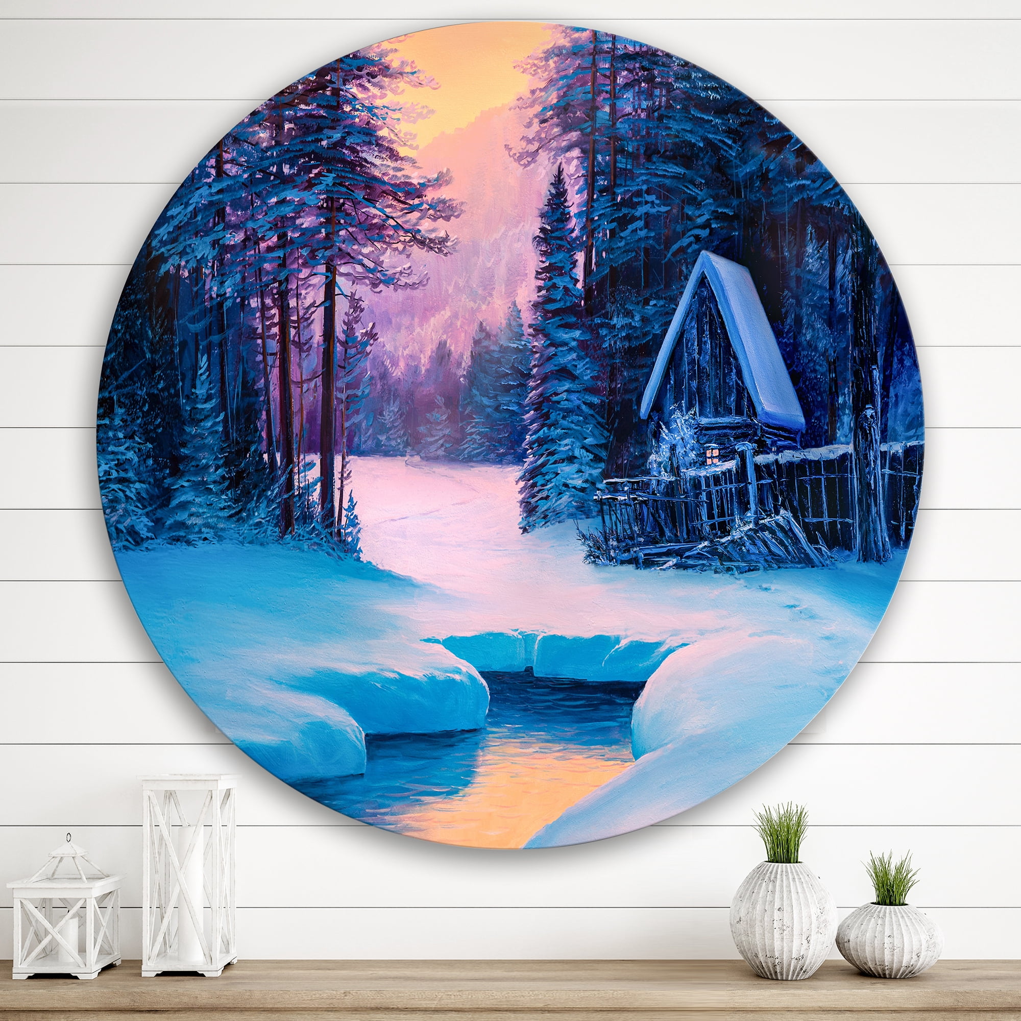 Designart 'The River House In The Woods and Winter Landscape II' Lake House Circle Metal Wall Art 36x36 - Disc of 36