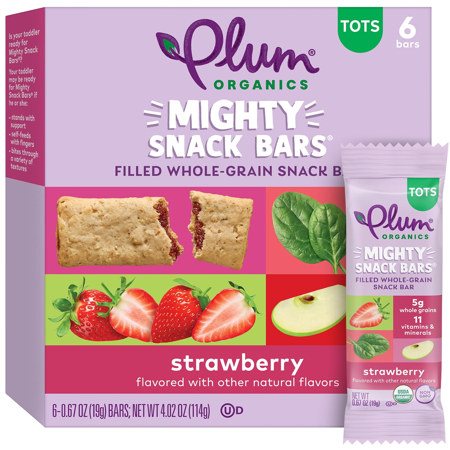 Plum Organics Mighty Snack Bars, Strawberry, 0.67 oz Bars, 6 Count, 8 Pack