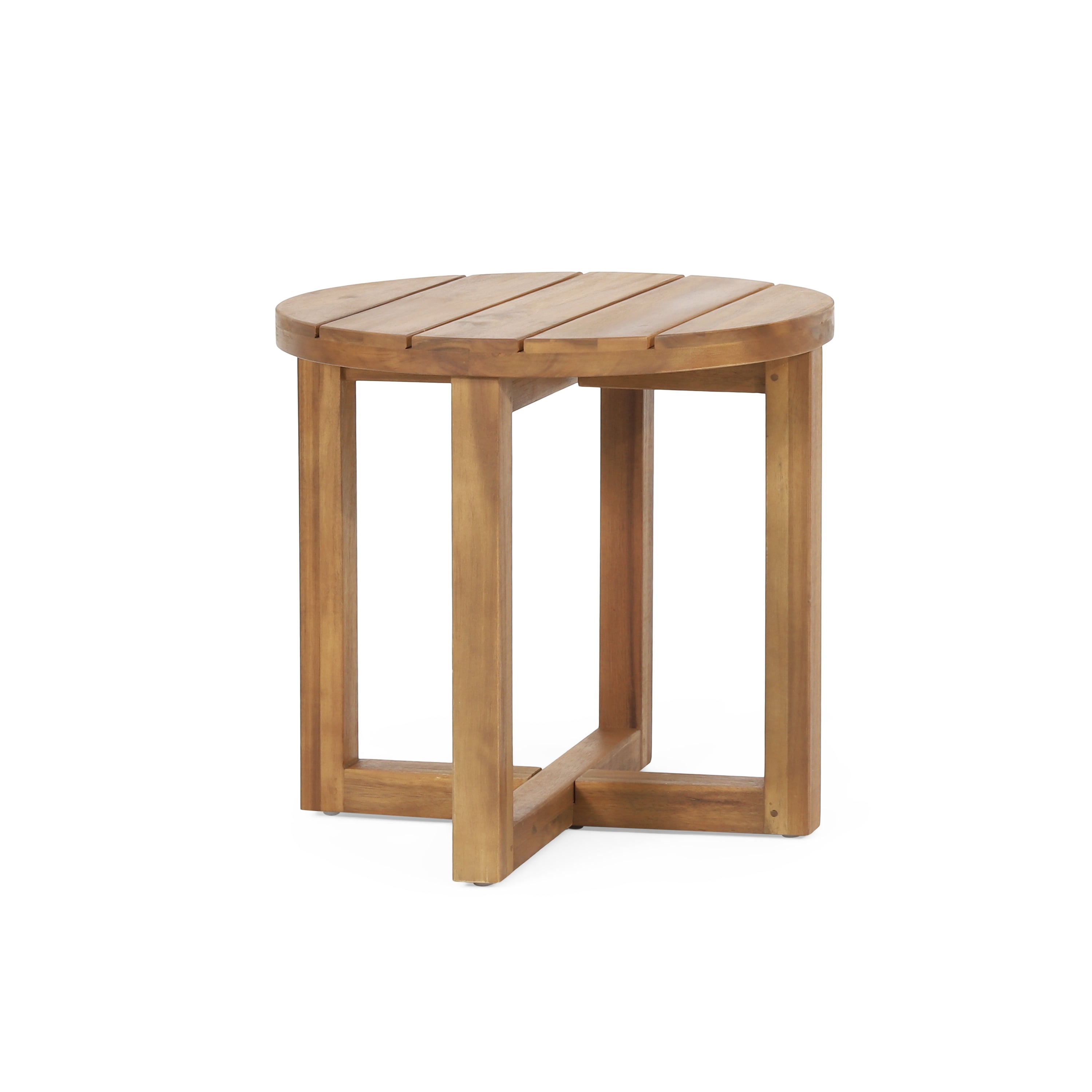 Euroco Round Outdoor Side Table, Solid Acacia Wood with Slatted Top and Cross-Leg Base, Patio Accent Table for Backyard or Balcony