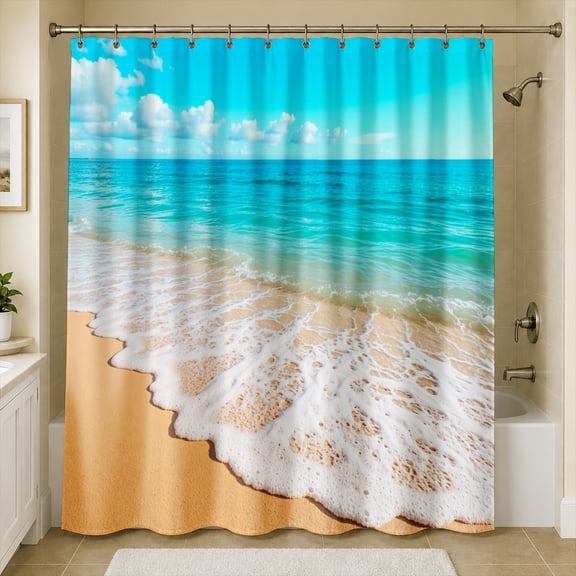 Rdsfhsp Clear Turquoise Ocean Wave Sandy Beach Shower Curtain, Tropical Coastal Island Bathroom Decor, Waterproof Washable Polyester Fabric Bath Curtains with Hooks, 72x72 Inches