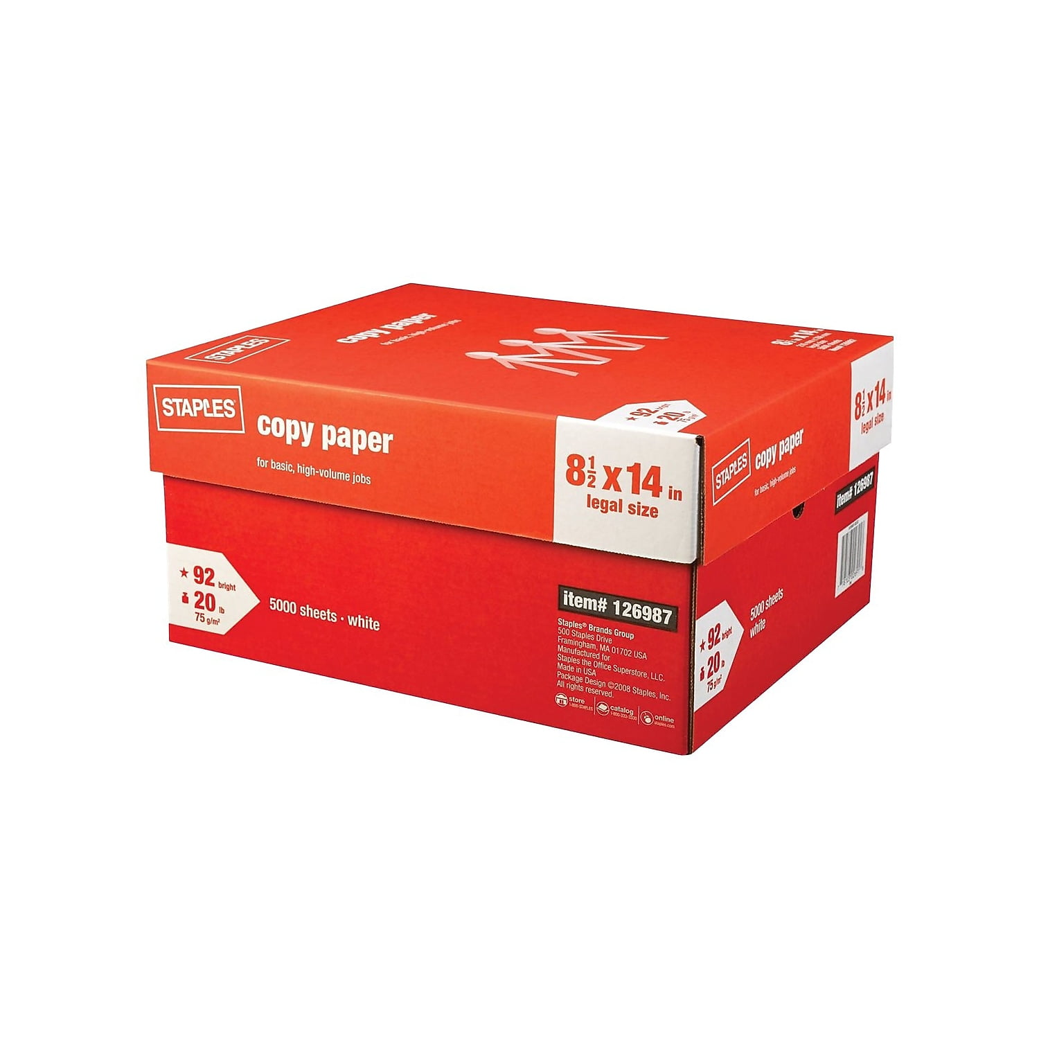 Staples, Copy Paper, 8.5x14 inches, 20 lbs 92 Brightness 500/Ream