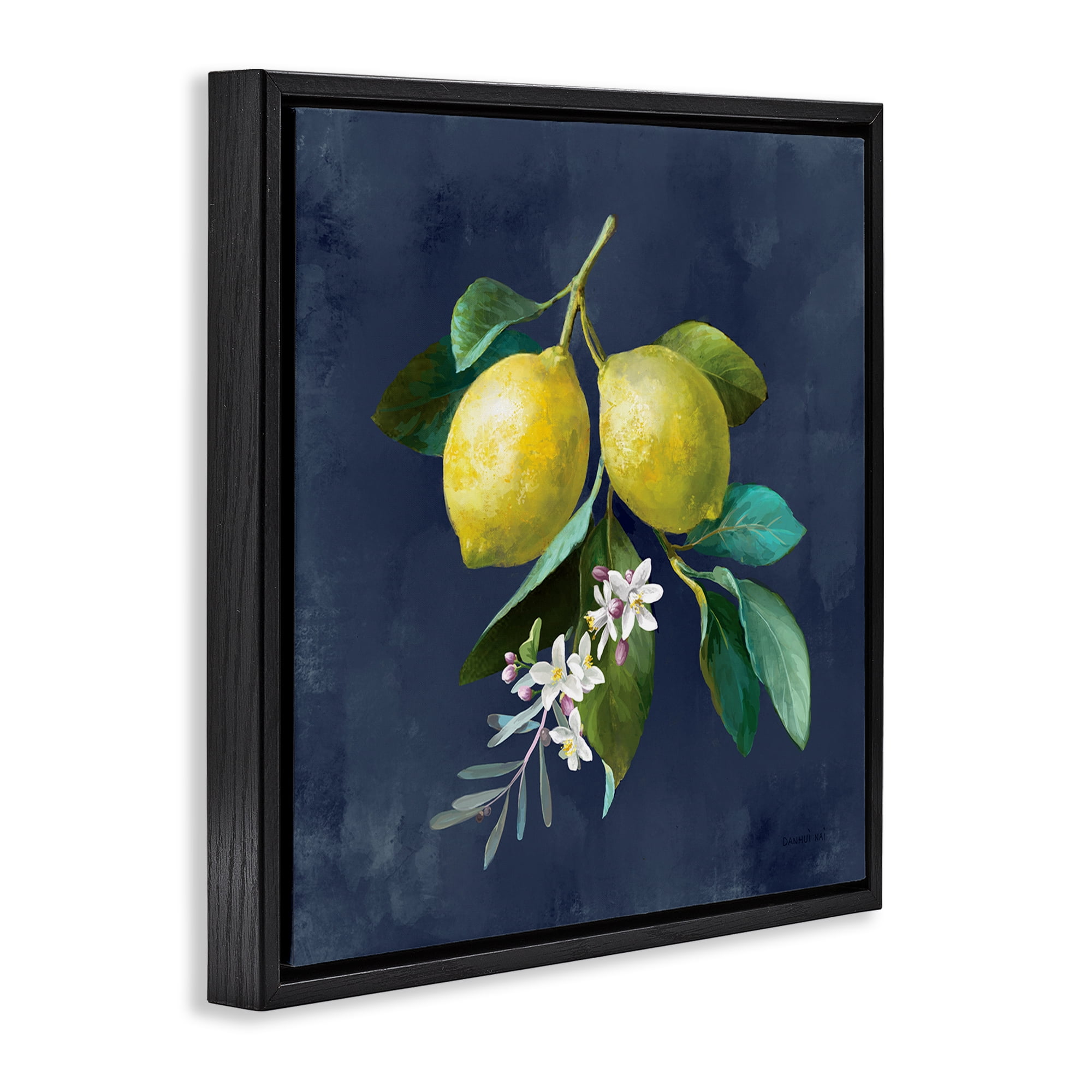 Stupell Industries Lemon Branches on Blue Food & Beverage Painting Black Floater Framed Canvas Art Print Wall Art, 18 x 18
