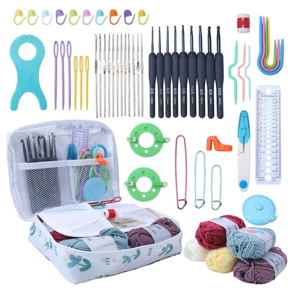 58-Piece Professional Crochet Hook Set with Yarn, Full Ergonomic Knitting Tool Kit in Floral Carry Case, Includes 21 Hooks, 5 Acrylic Yarn Skeins & Essential Accessories for Adults & Hobbyists