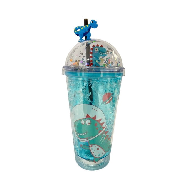 Vaso Botella de Agua Infantil De Plastico Figura Dinosaurio Con Led Azul 450 ml