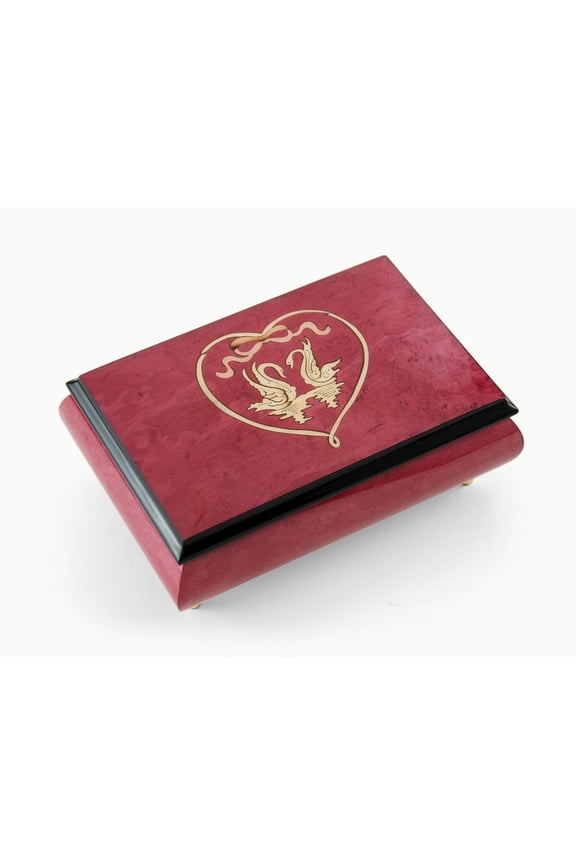 Romantic Red-Wine Swans in Heart Outline Sorrento Inlaid Music Box - 9th Symphony (Ode to Joy, Hymm European)