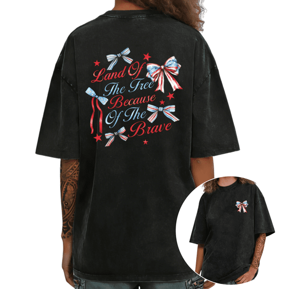 UNISHE Women's USA Patriotic Bow Front Back Print Graphic Retro Washed T-Shirt Short Sleeve S-2XL Crewneck Tee