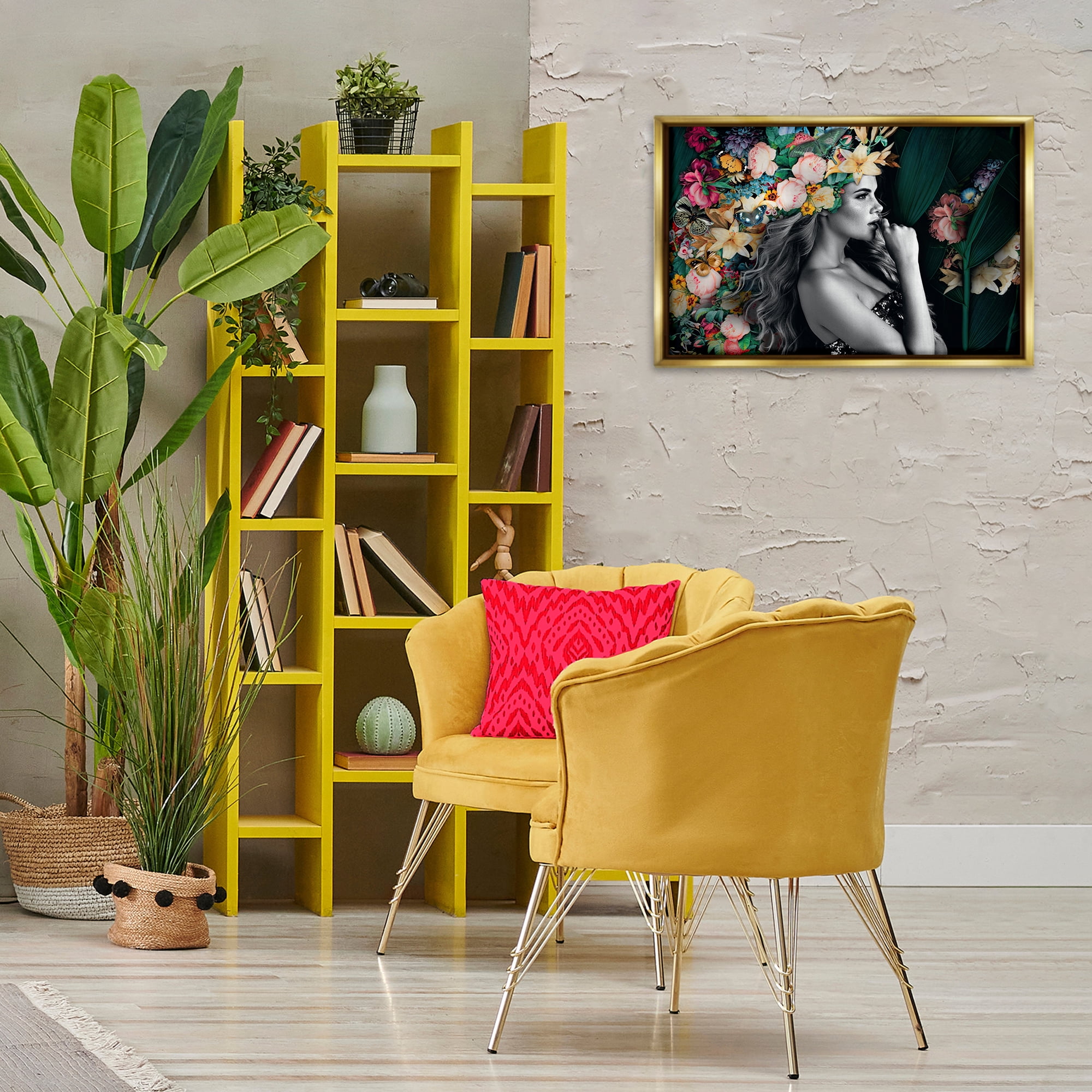 Stupell Industries Woman with Tropical Flowers Plants & Flowers Painting Gold Floater Framed Canvas Art Print Wall Art, 25 x 17