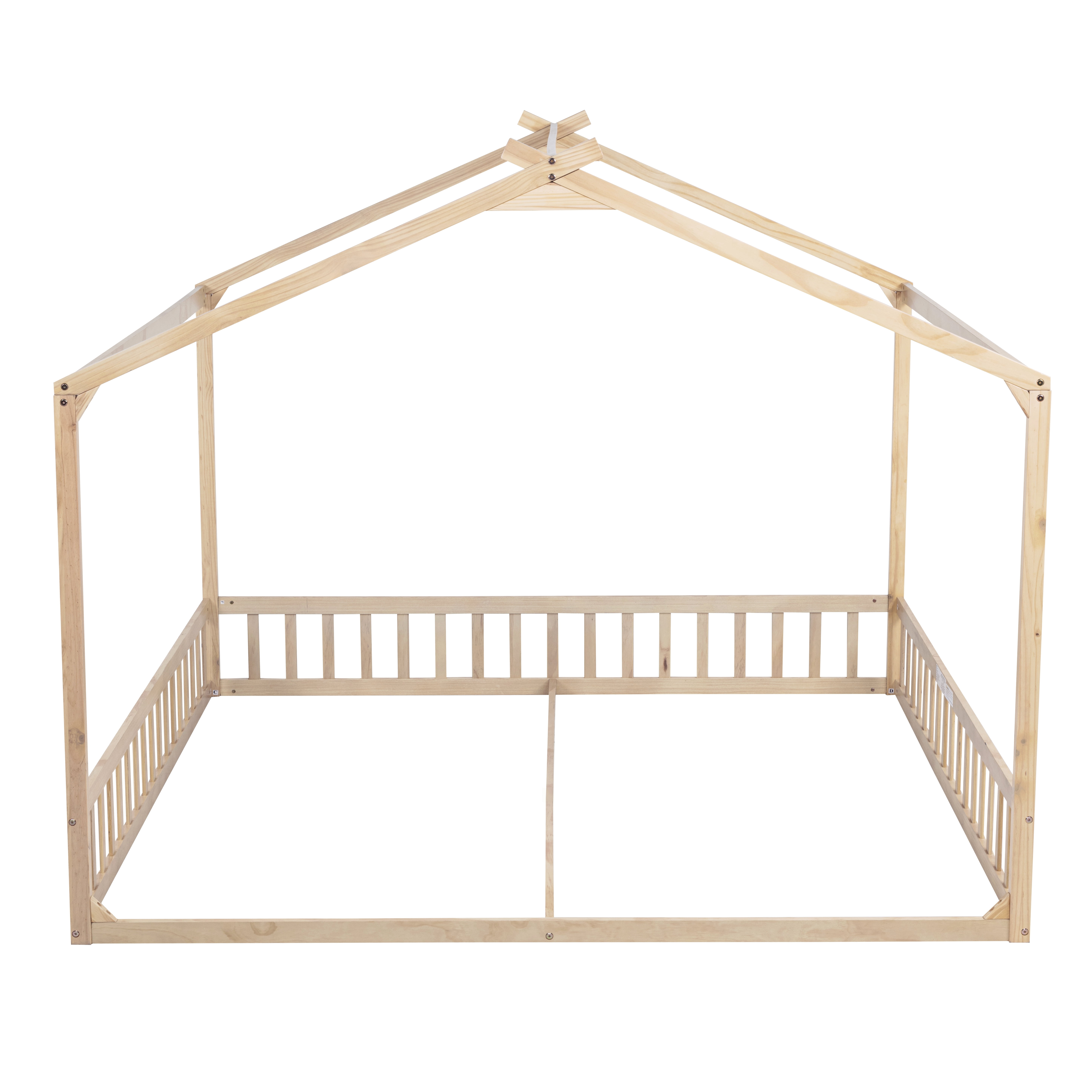 GARITIN Double Twin House Shaped Floor Bed 77.4 Inch, Kids Floor Bed with Safety Guardrails for Children Shared Bedroom, Natural