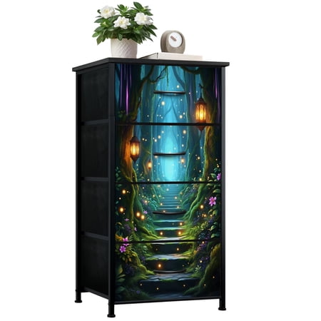 Dresser for Bedroom with 4 Storage Drawers Forest Stairway Glowing Lanterns Fireflies Fantasy Woodland Dressers Chest of Drawers Steel Framed Fabric Closet Organizers for Dorm Entryway