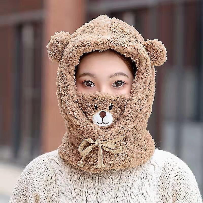 Waca09 Cute Bear Hat With Earflaps Winter Hats For Women Girl Lamb Plush Warm Thickened Balaclava Beige