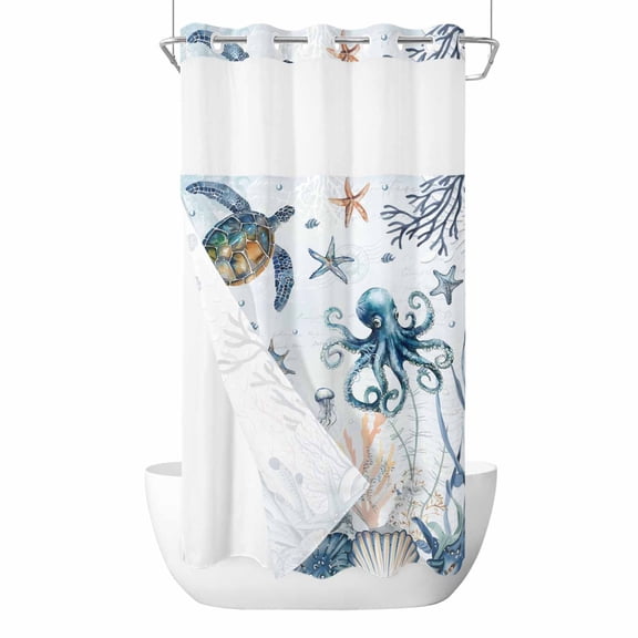 No Hook Blue Turtle Coastal Shower Curtain with Snap in Liner Set, Octopus Summer Beach Coral Starfish Seahorse Waterproof Bathroom Curtains with See Through Top Window, Small 36 x 78 Inch