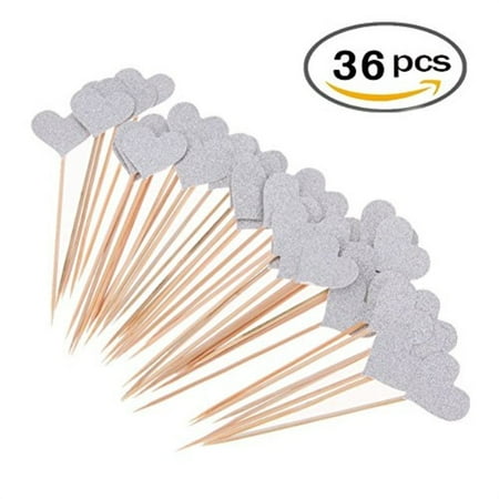 36pcs Heart Cupcake Toppers Twinkle Silver Snacks Decor Diy Mini